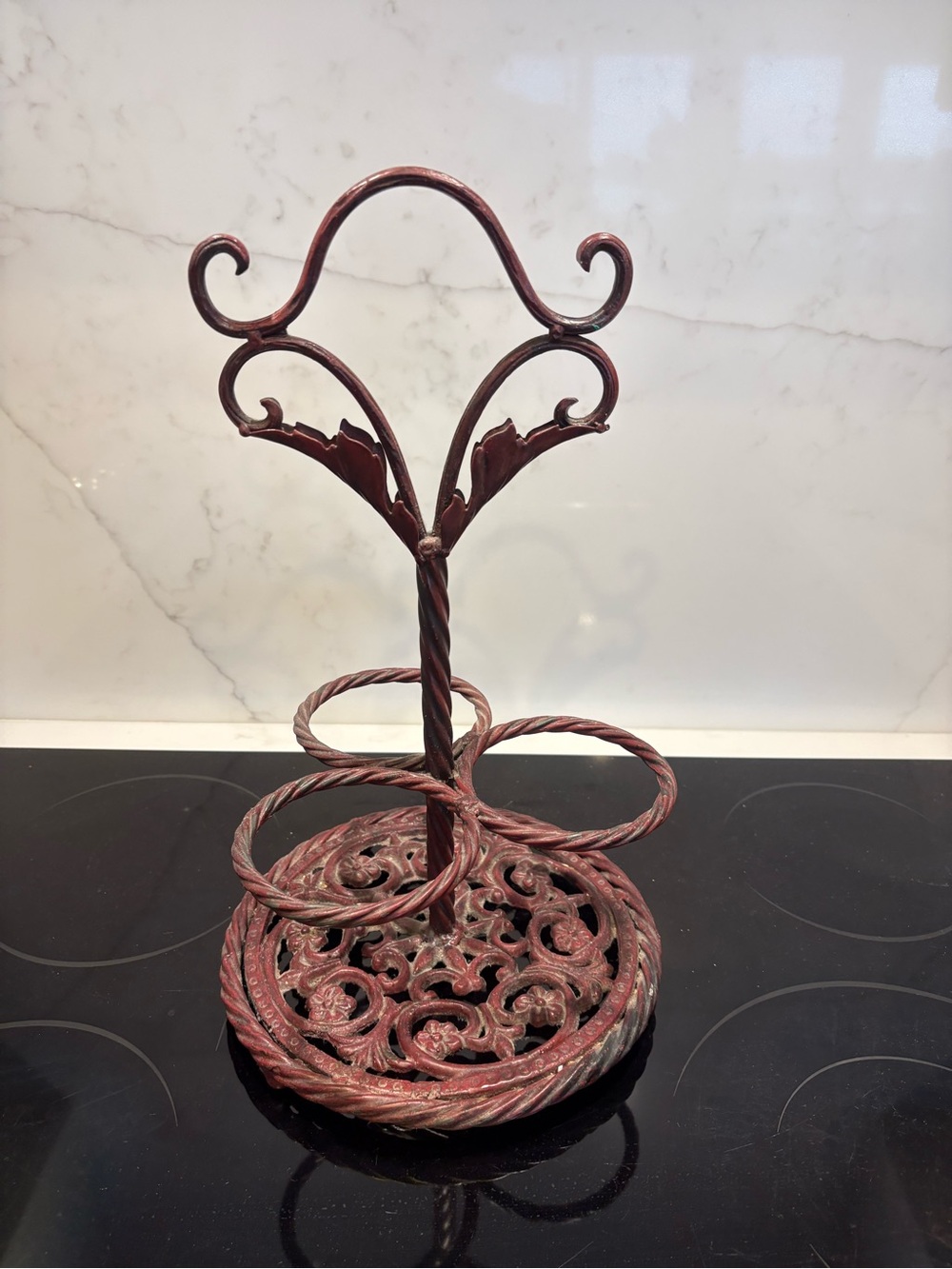 Ornate Metal Bottle Holder in Distressed Red